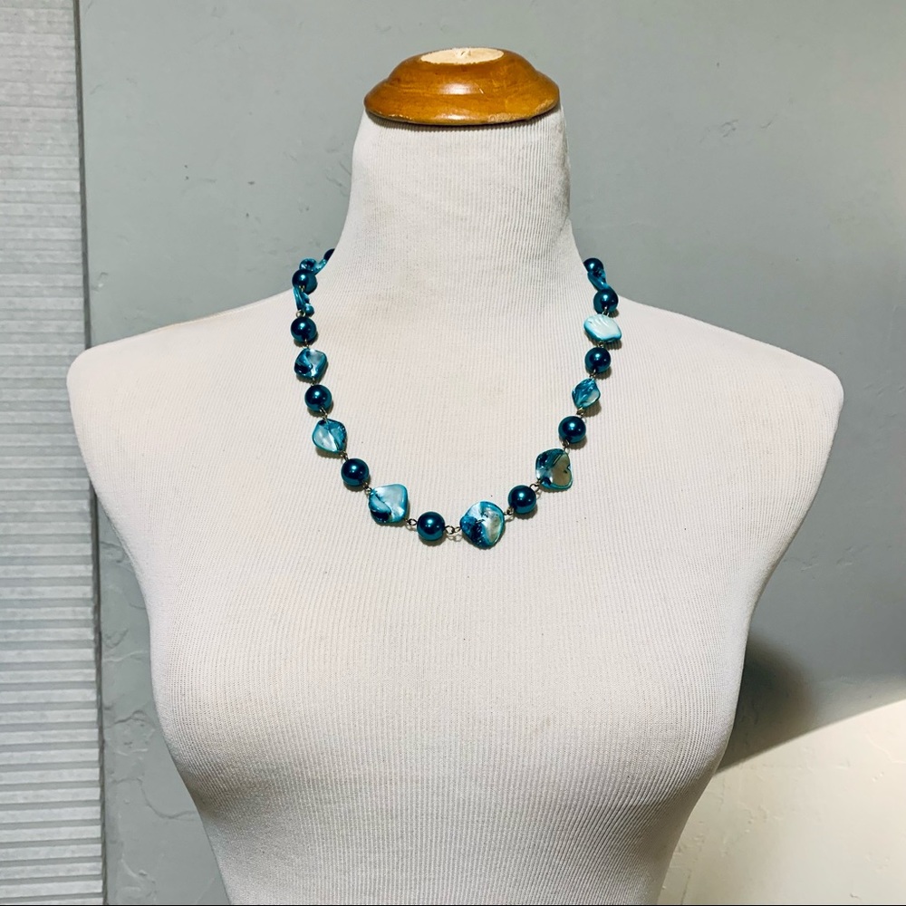 EsMor | Blue Pearl and Shell Necklace Gold Toned Boho Vintage